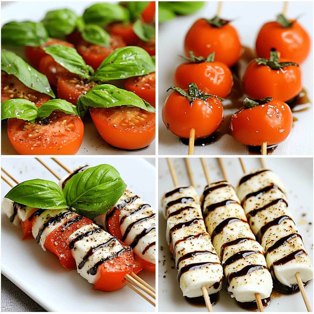 Four-panel collage showing caprese skewers being assembled and finished with balsamic glaze