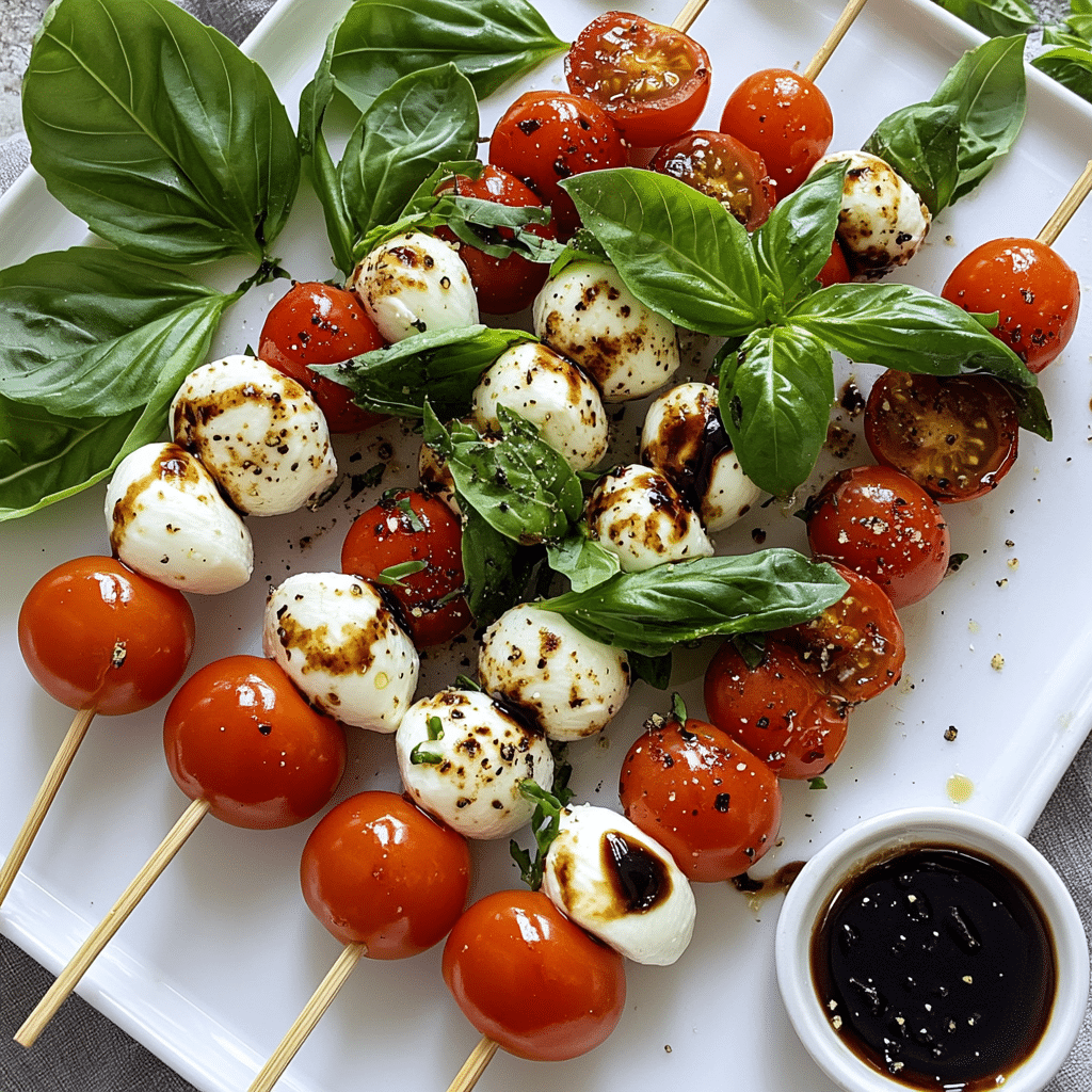 Caprese skewers with cherry tomatoes, mozzarella, basil, and balsamic glaze on a platter