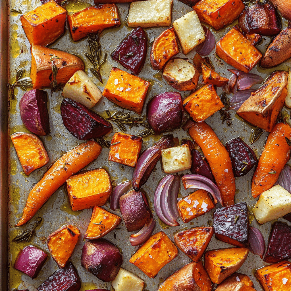 Sheet pan of roasted root vegetables with herbs and caramelized edges