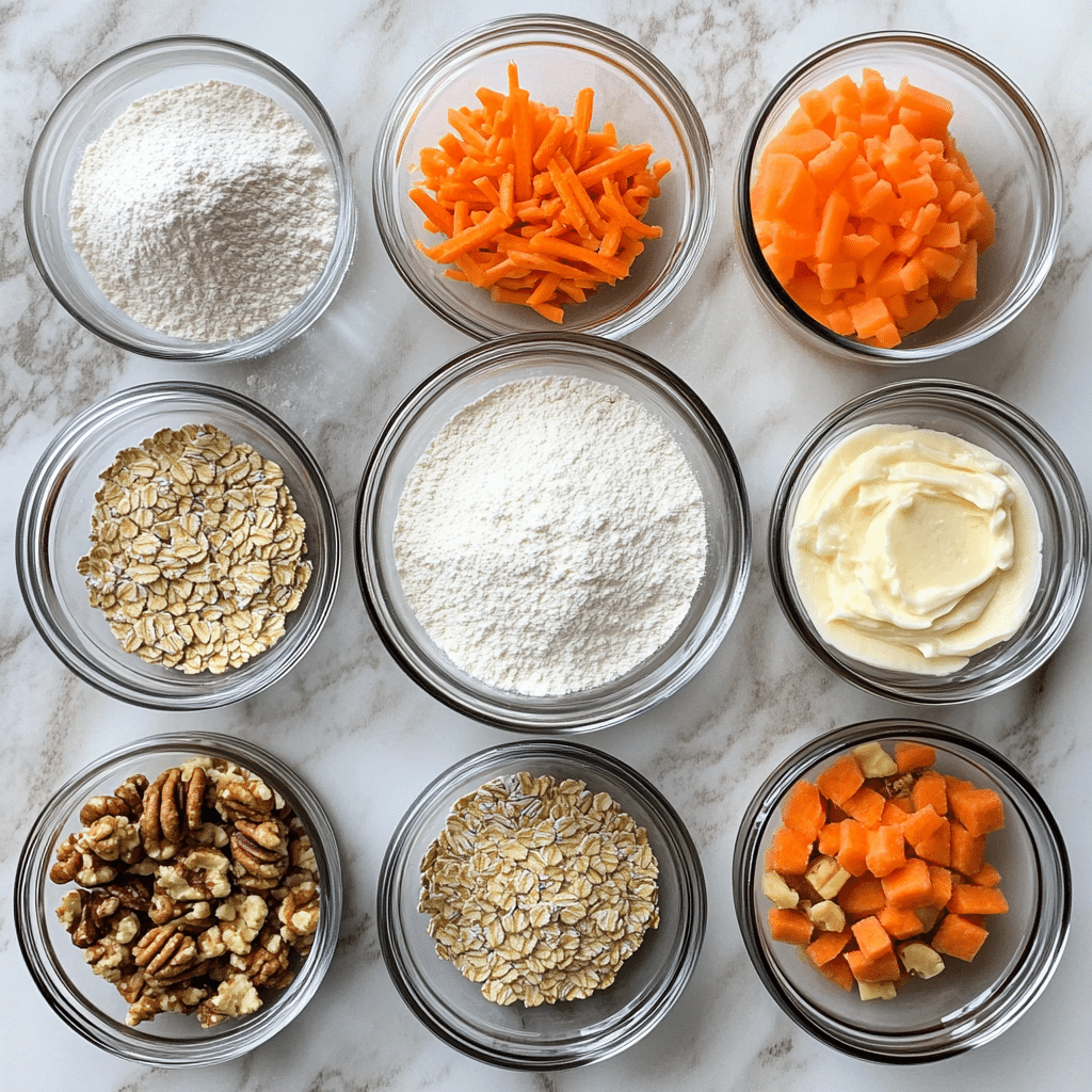 Overhead ingredients for carrot cake cookies including grated carrots, oats, flour, sugars, spices, and cream cheese frosting ingredients