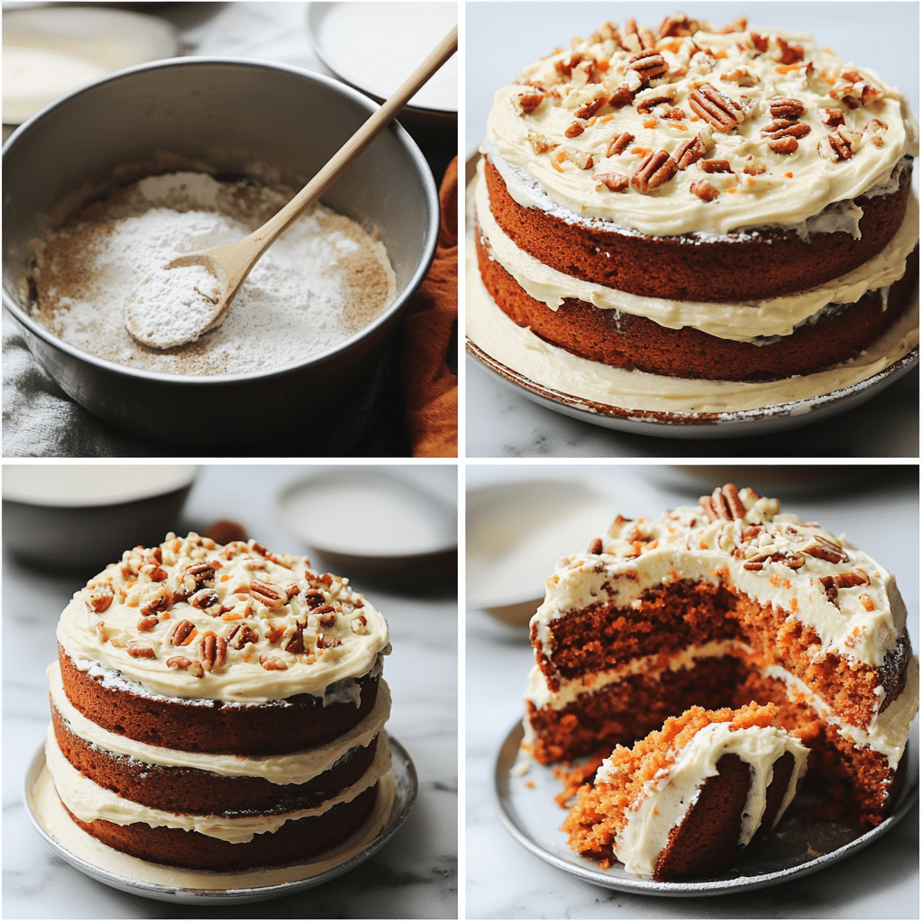 Overhead ingredients for carrot cake including grated carrots, spices, flour, oil, eggs, nuts, and cream cheese frosting ingredients