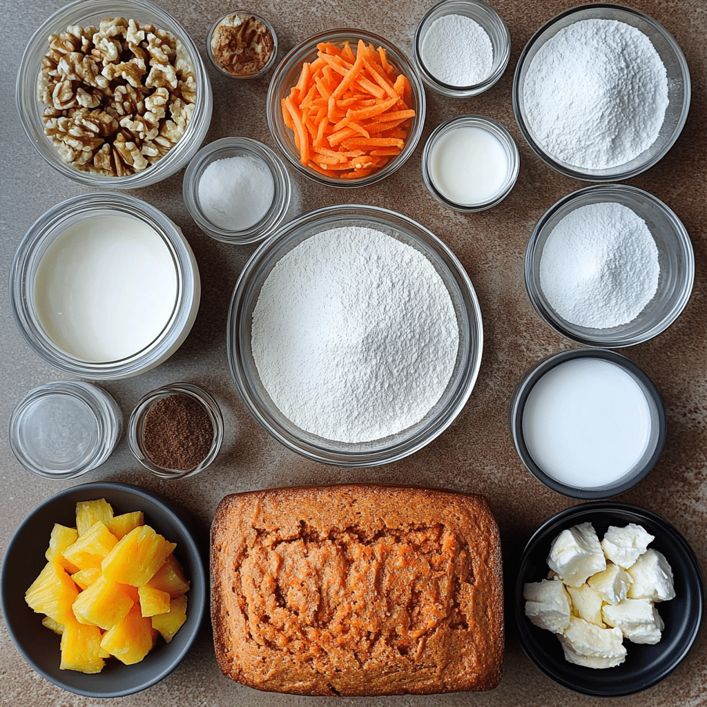 Overhead ingredients for carrot cake loaf including grated carrots, flour, sugars, eggs, oil, spices, walnuts, and cream cheese glaze ingredients