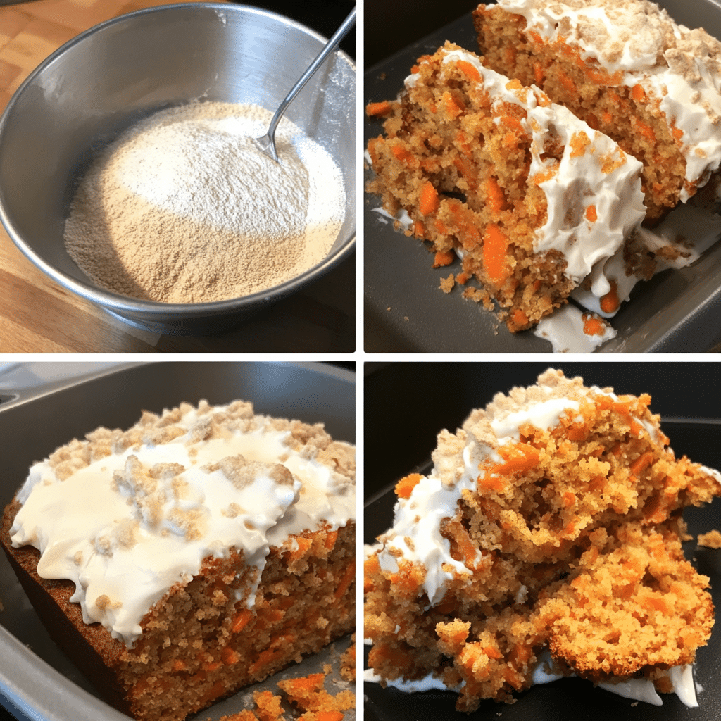 Four-panel collage showing mixing dry ingredients, mixing wet and folding in carrots, batter in loaf pan, and finished loaf with glaze being sliced
