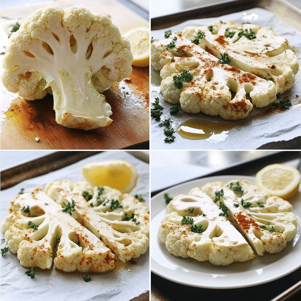 Four-panel collage showing cauliflower steaks being sliced seasoned roasted and served