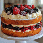 Chantilly cake with cream frosting, berry filling, and fresh berries on a cake stand