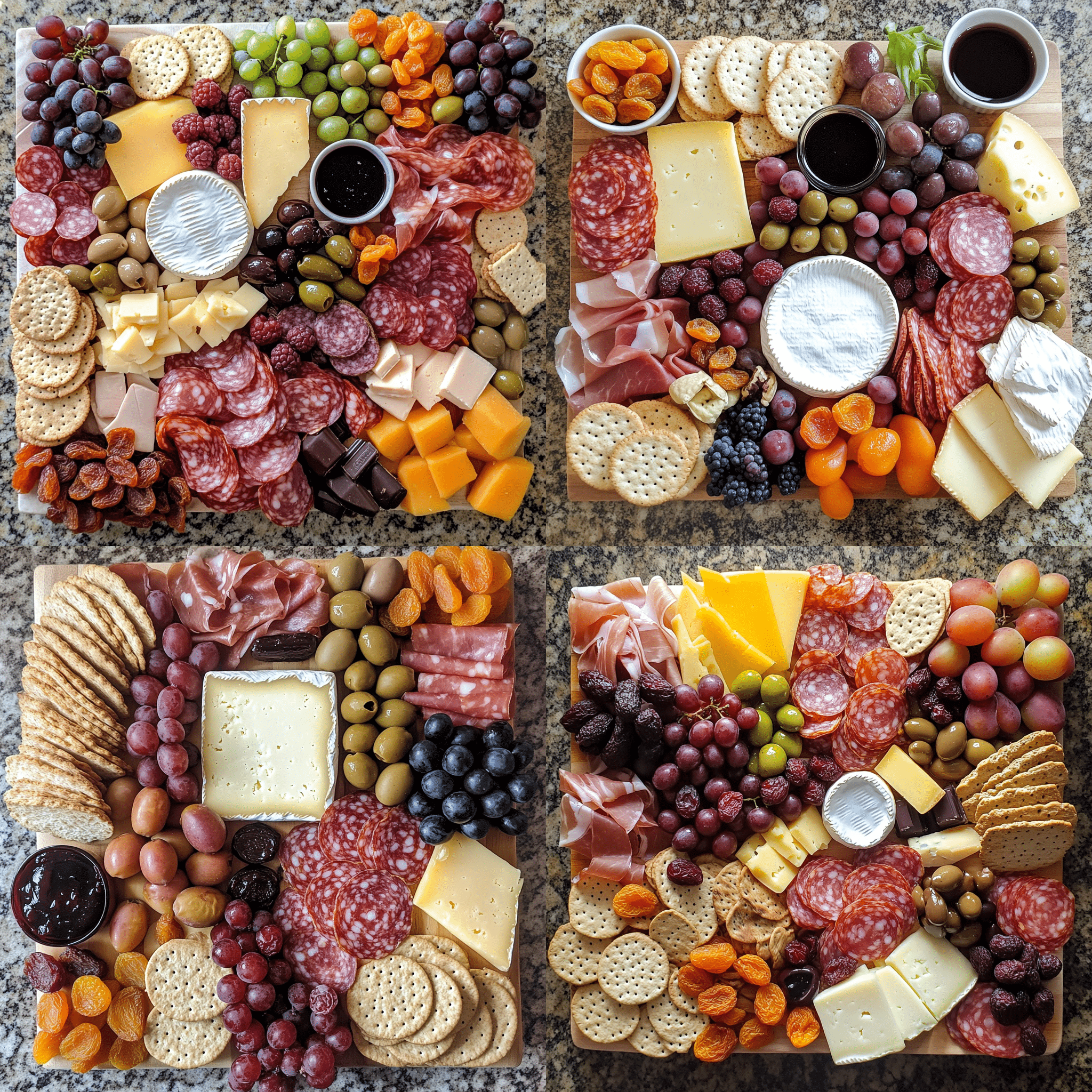 Charcuterie board ingredients grouped by category on a counter