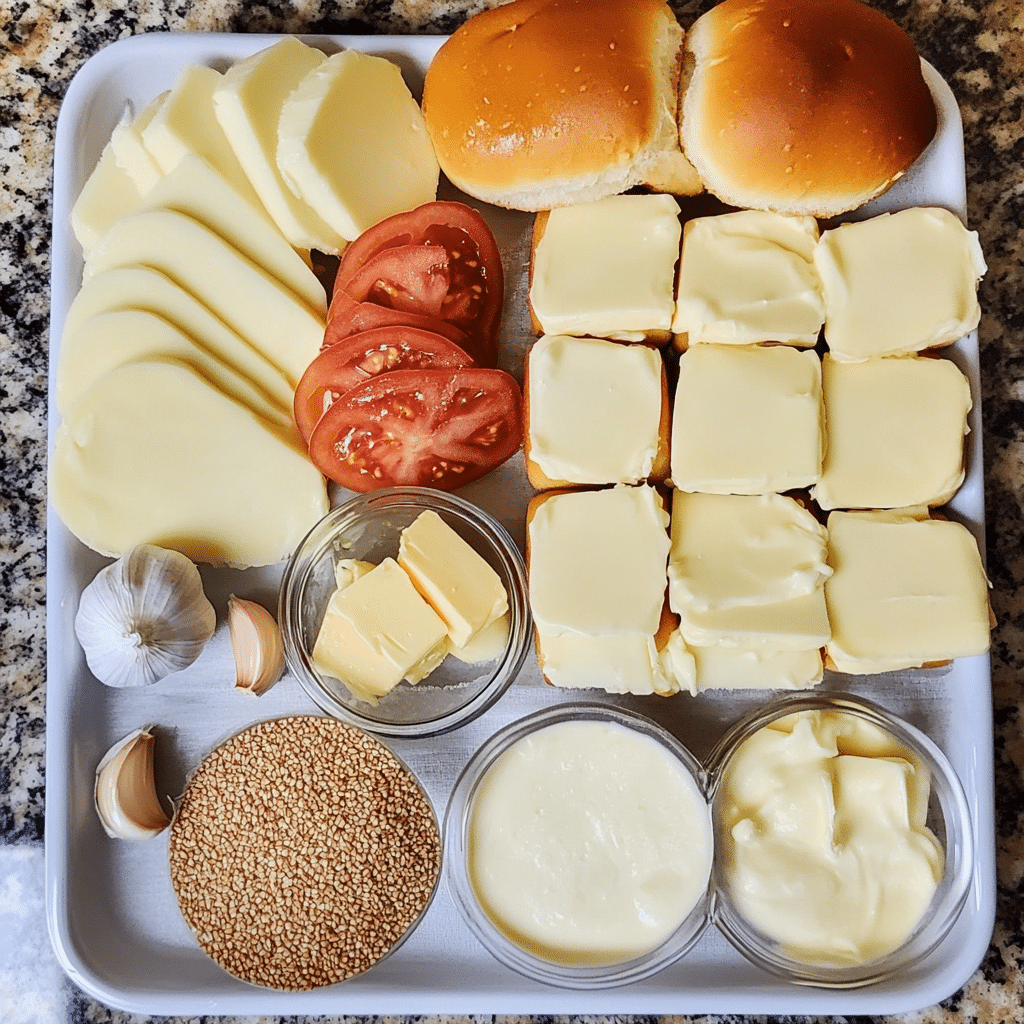 Overhead ingredients for cheese sliders including rolls, cheese slices, butter, mustard, and seasonings