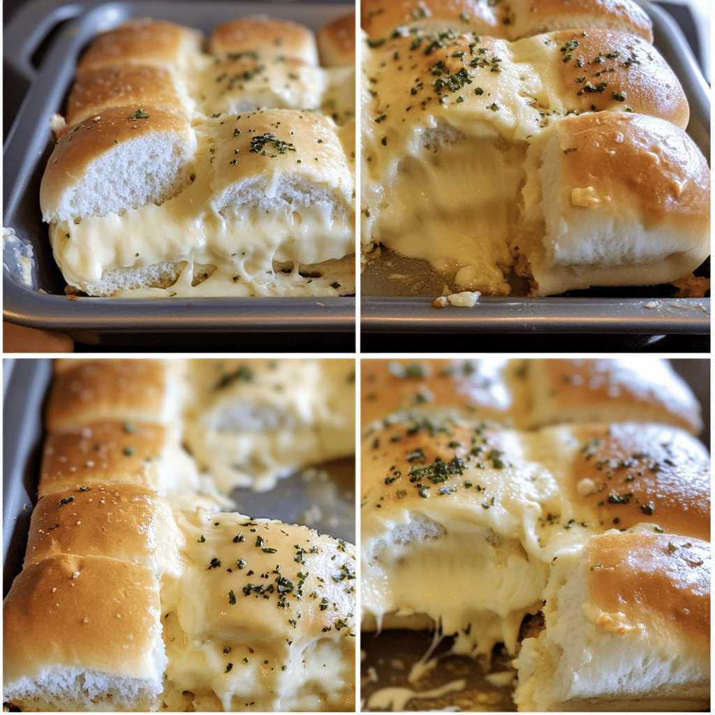 Four-panel collage showing slicing rolls, layering cheeses, brushing glaze, and finished baked cheese sliders being pulled apart