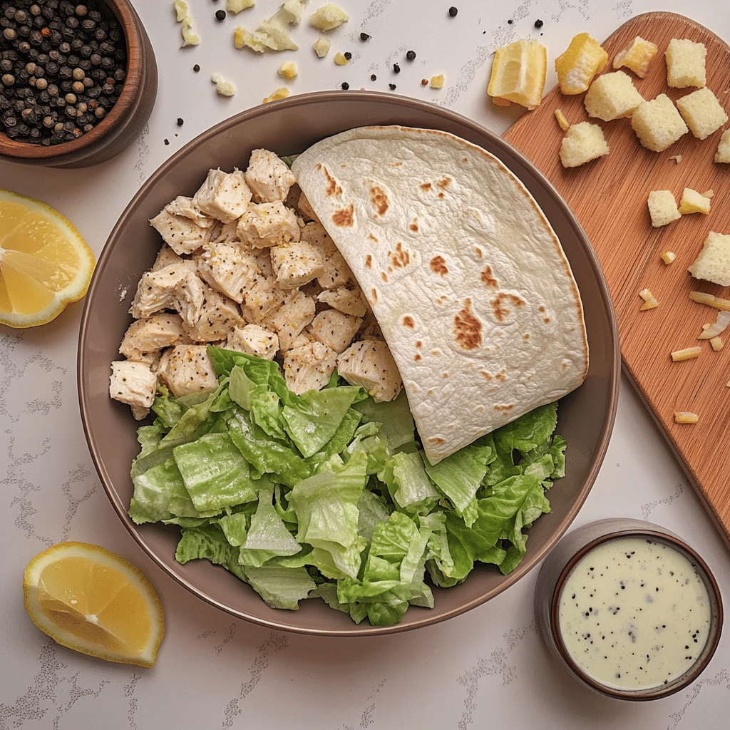 Overhead ingredients for chicken caesar wraps including tortillas, romaine, chicken pieces, caesar dressing, parmesan-style topping, and croutons