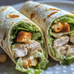 Close-up of chicken caesar wraps sliced in half showing romaine, chicken pieces, and creamy dressing