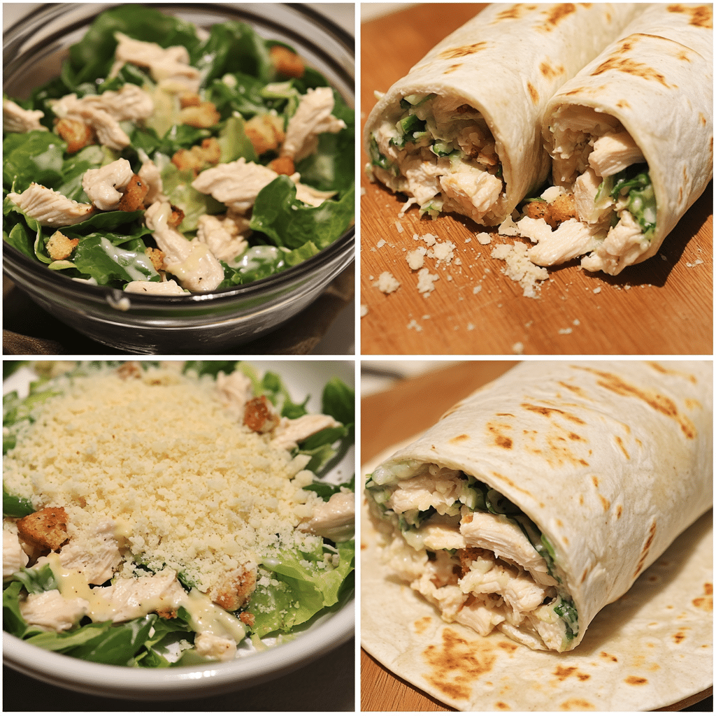 Four-panel collage showing mixing filling, adding croutons and parmesan-style topping, rolling tortillas, and sliced finished wraps