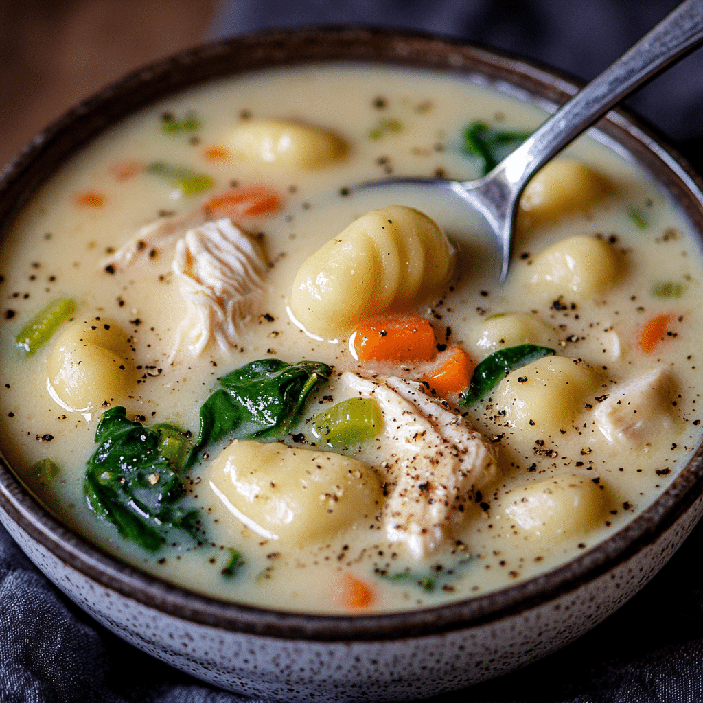 Close-up of chicken gnocchi soup copycat with creamy broth, potato gnocchi, chicken pieces, spinach, and vegetables