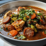 Close-up of chicken gumbo with dark broth, chicken pieces, sausage slices, okra, and rice