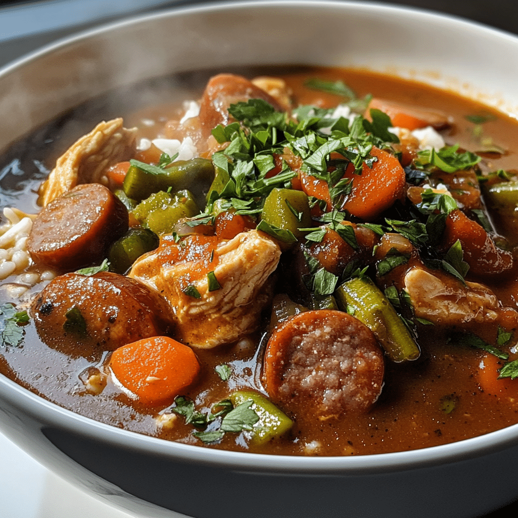 Close-up of chicken gumbo with dark broth, chicken pieces, sausage slices, okra, and rice
