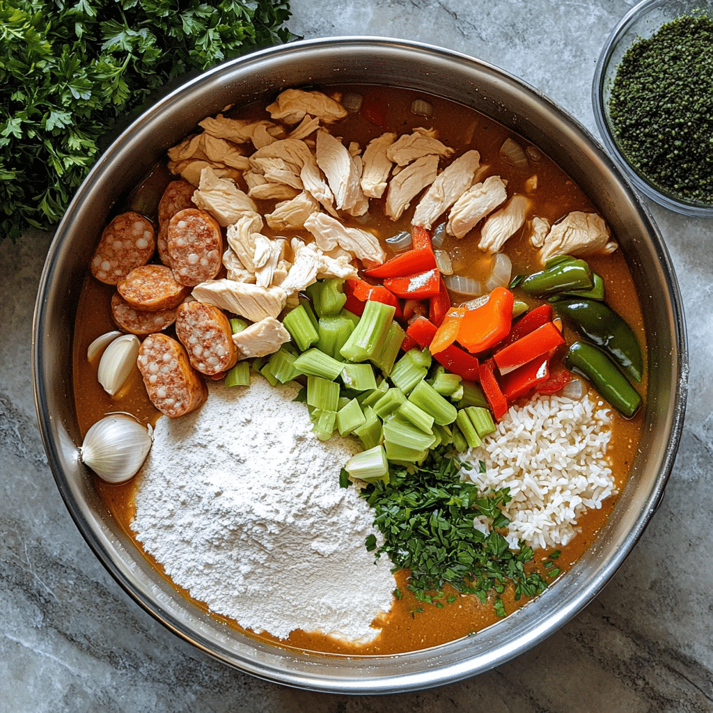 Overhead ingredients for chicken gumbo including flour and oil for roux, diced vegetables, sausage, chicken pieces, okra, broth, and seasonings