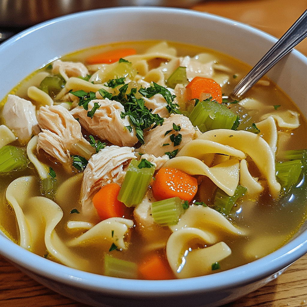Close-up bowl of chicken noodle soup with noodles, carrots, celery, and chicken pieces in golden broth