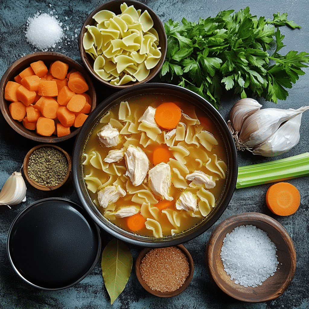 Overhead ingredients for chicken noodle soup including chicken pieces, noodles, carrots, celery, broth, and herbs