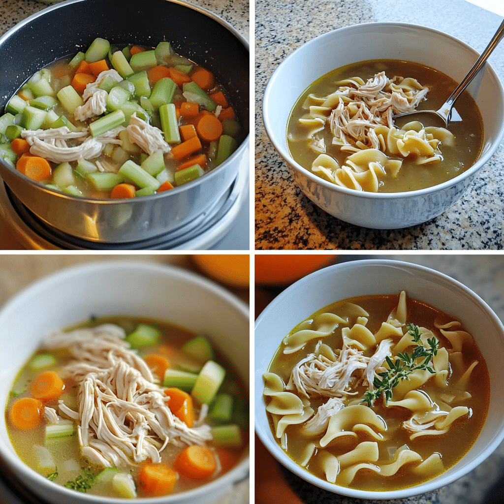 Four-panel collage showing sautéing vegetables, simmering broth, cooking noodles, and finishing with chicken pieces and parsley