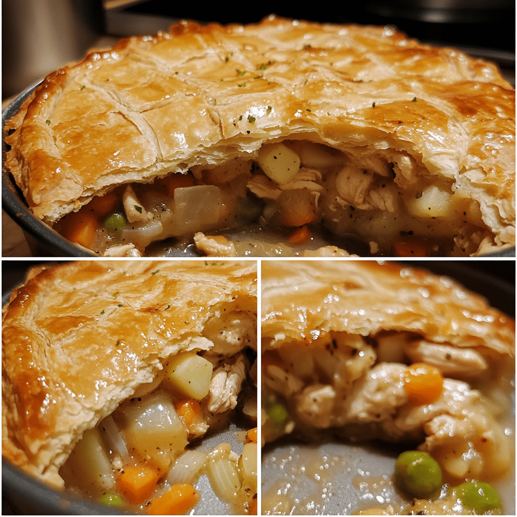 Four-panel collage showing sautéing vegetables, making sauce, assembling pie, and baked pot pie being sliced