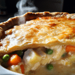 Close-up of chicken pot pie with a flaky crust and creamy filling showing chicken pieces and vegetables