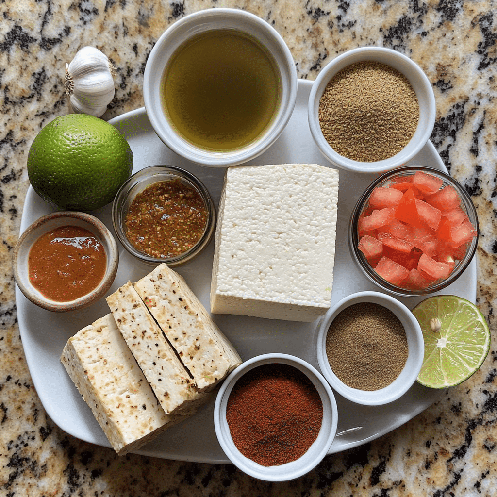 Ingredients for Chipotle Sofritas Copycat including tofu, chipotle in adobo, tomatoes, onion, garlic, and spices