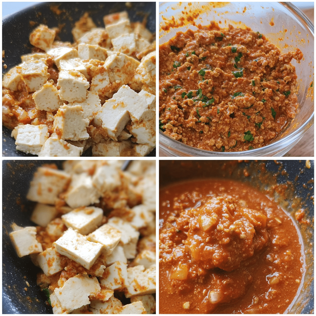 Four panel collage showing pressing tofu, crisping crumbles, blending sauce, and simmering sofritas