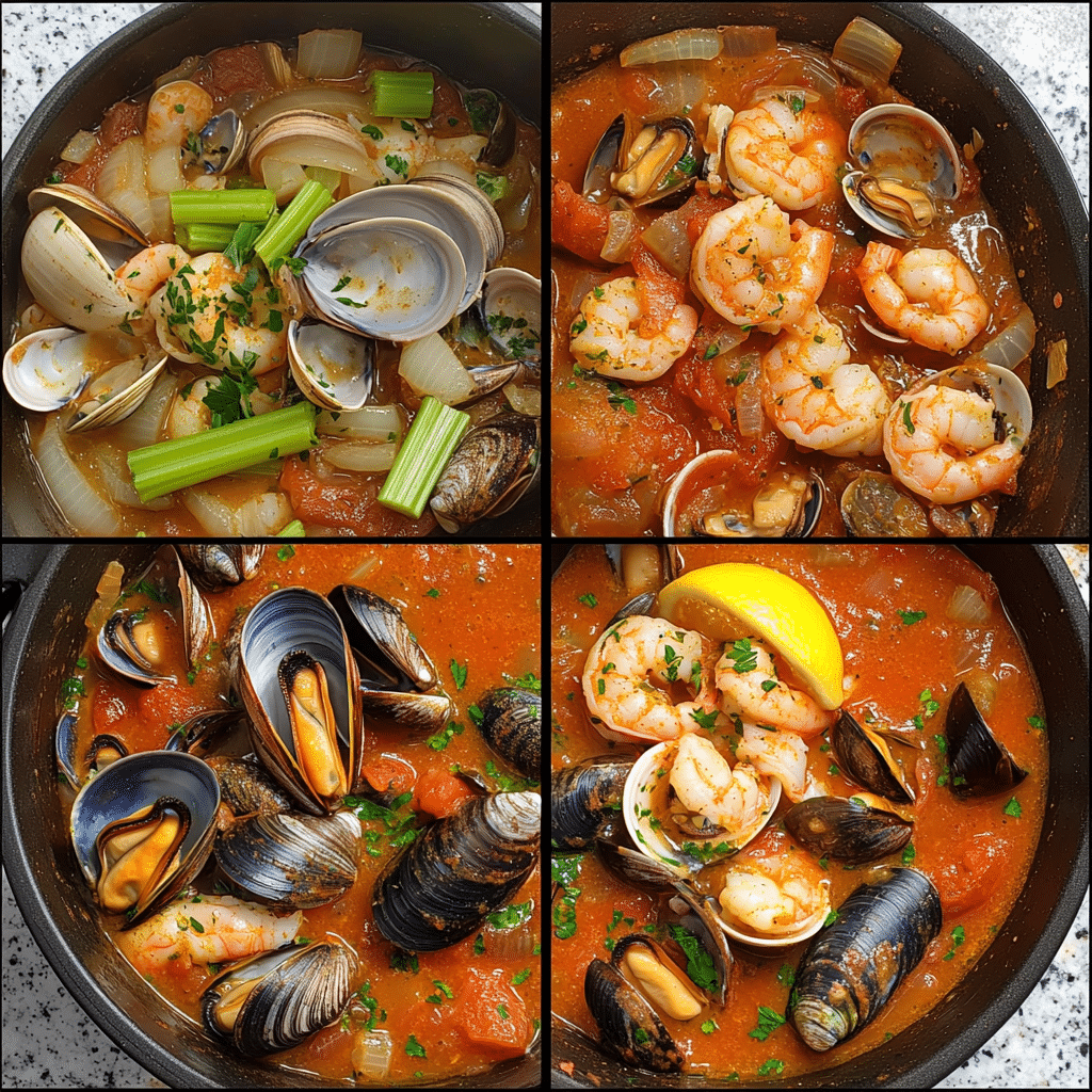 Four-panel collage showing cioppino broth cooking and seafood added