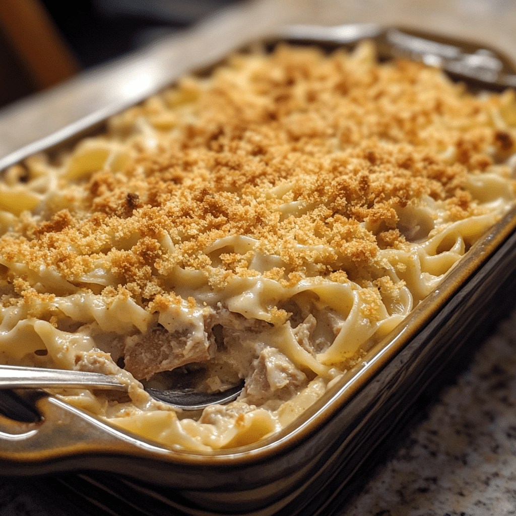 Classic tuna casserole in a baking dish with a golden crunchy topping