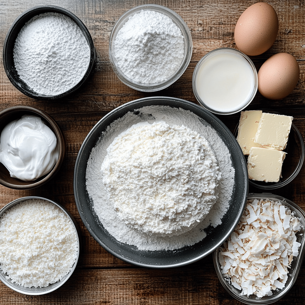 Overhead ingredients for coconut cream cake including flour, butter, eggs, coconut milk, sour cream, shredded coconut, and frosting ingredients