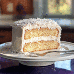 Close-up of coconut cream cake covered in shredded coconut with a slice cut showing soft layers and creamy filling