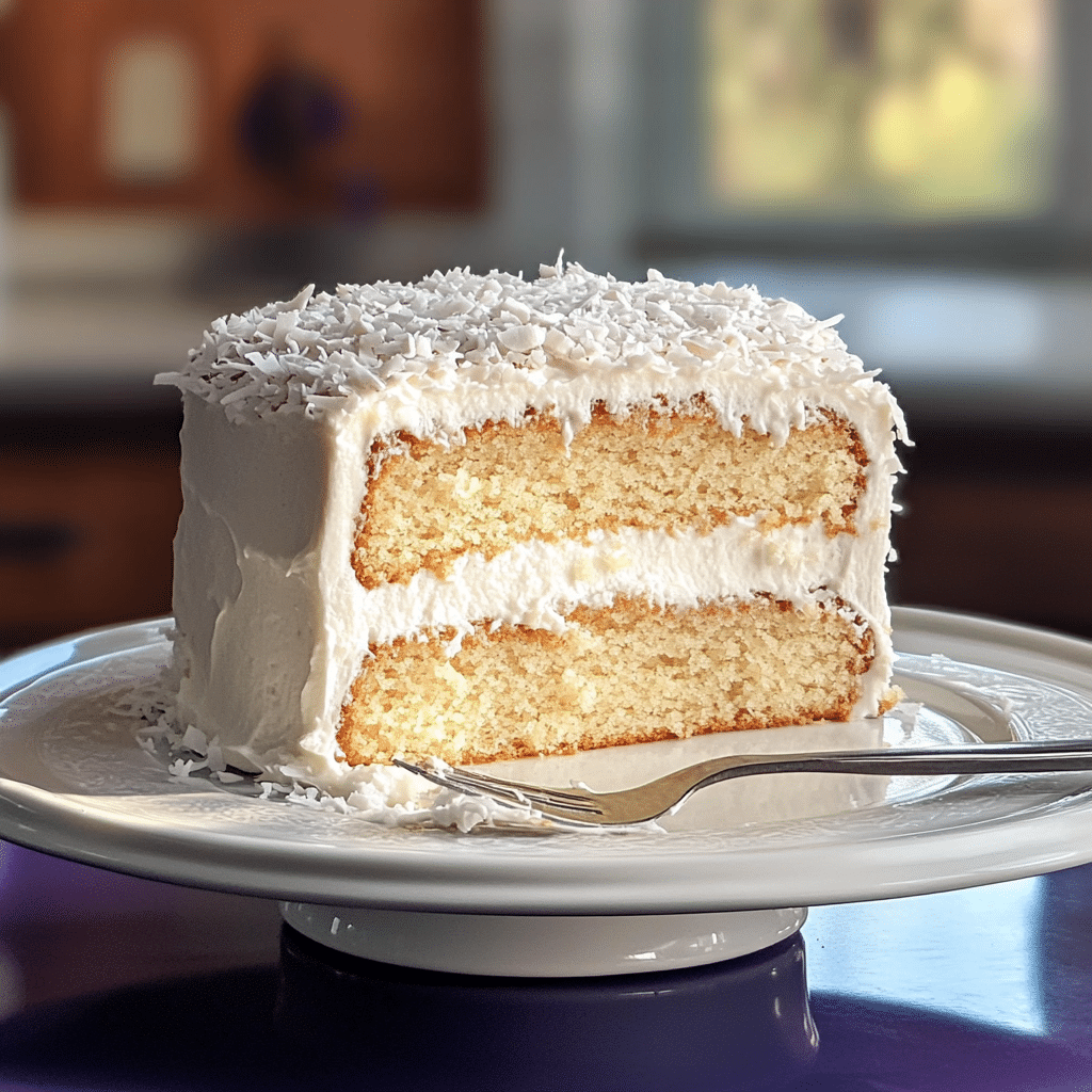 Close-up of coconut cream cake covered in shredded coconut with a slice cut showing soft layers and creamy filling