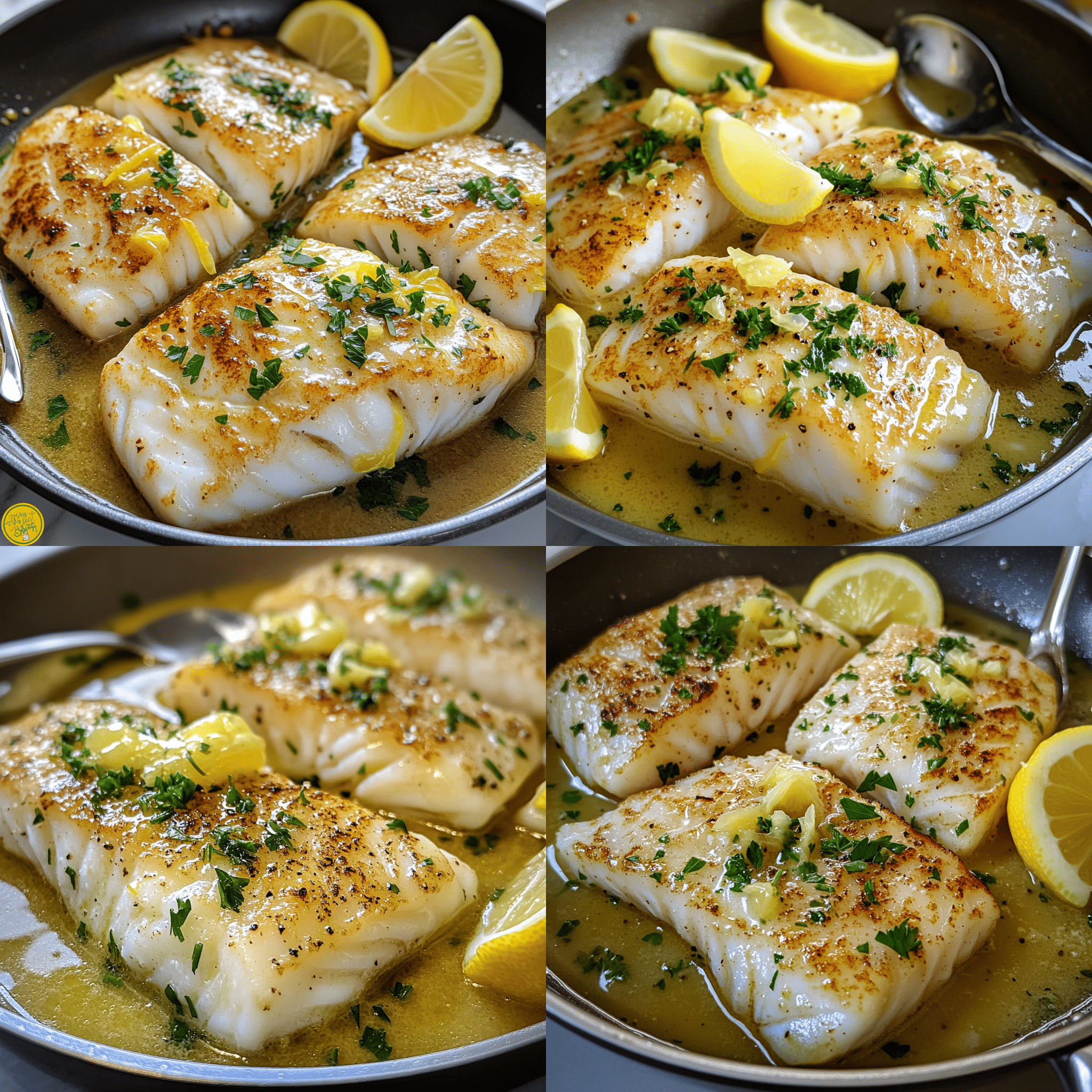 Four panel collage showing seasoning cod, searing in a skillet, making lemon butter sauce, and serving