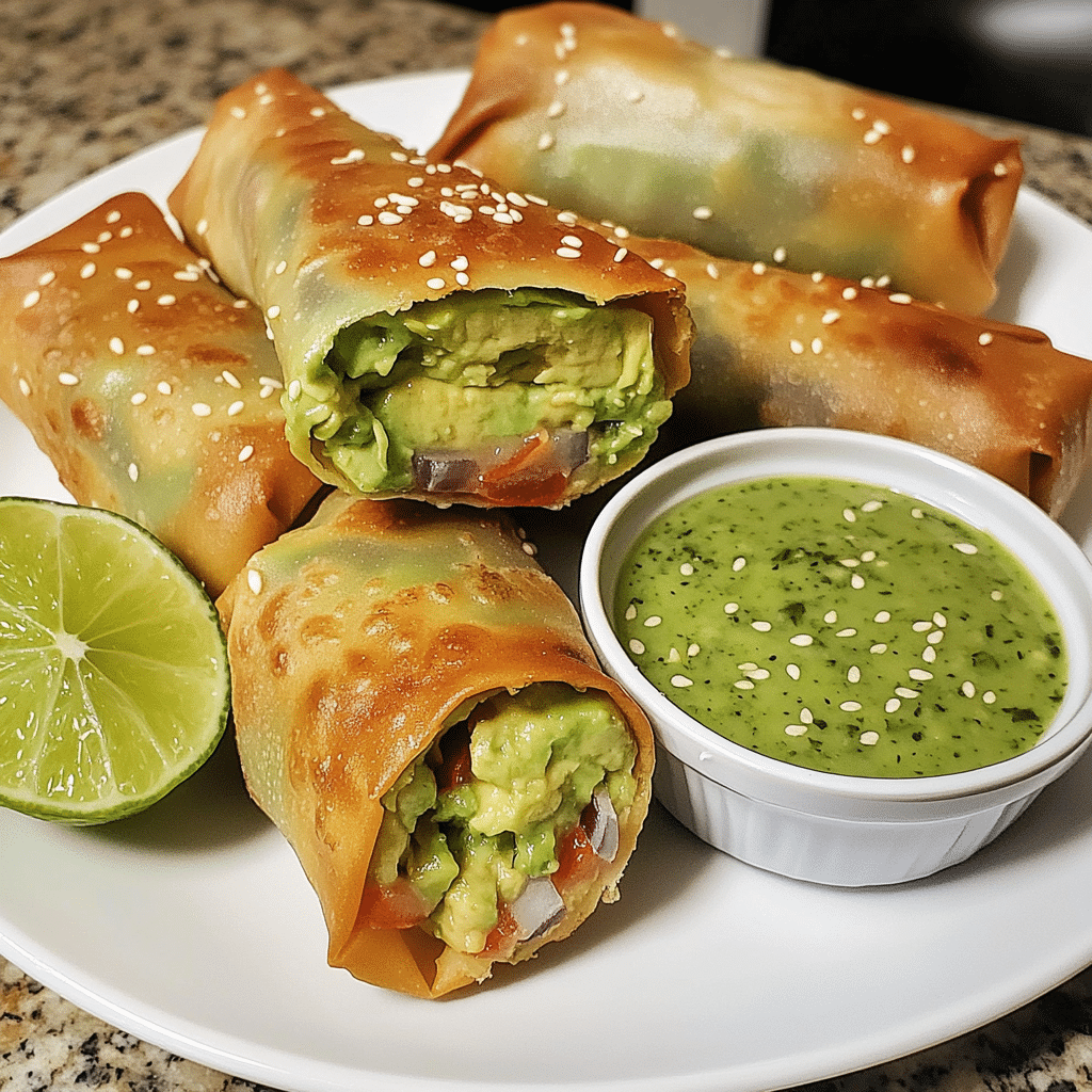 Crispy copycat avocado egg rolls sliced open with cilantro lime dipping sauce on a plate