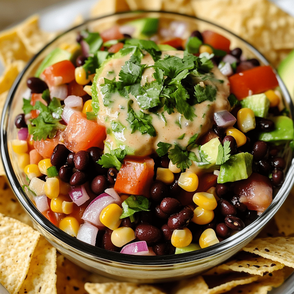 Close-up of cowboy caviar in a bowl with beans, corn, peppers, avocado, and tortilla chips for scooping