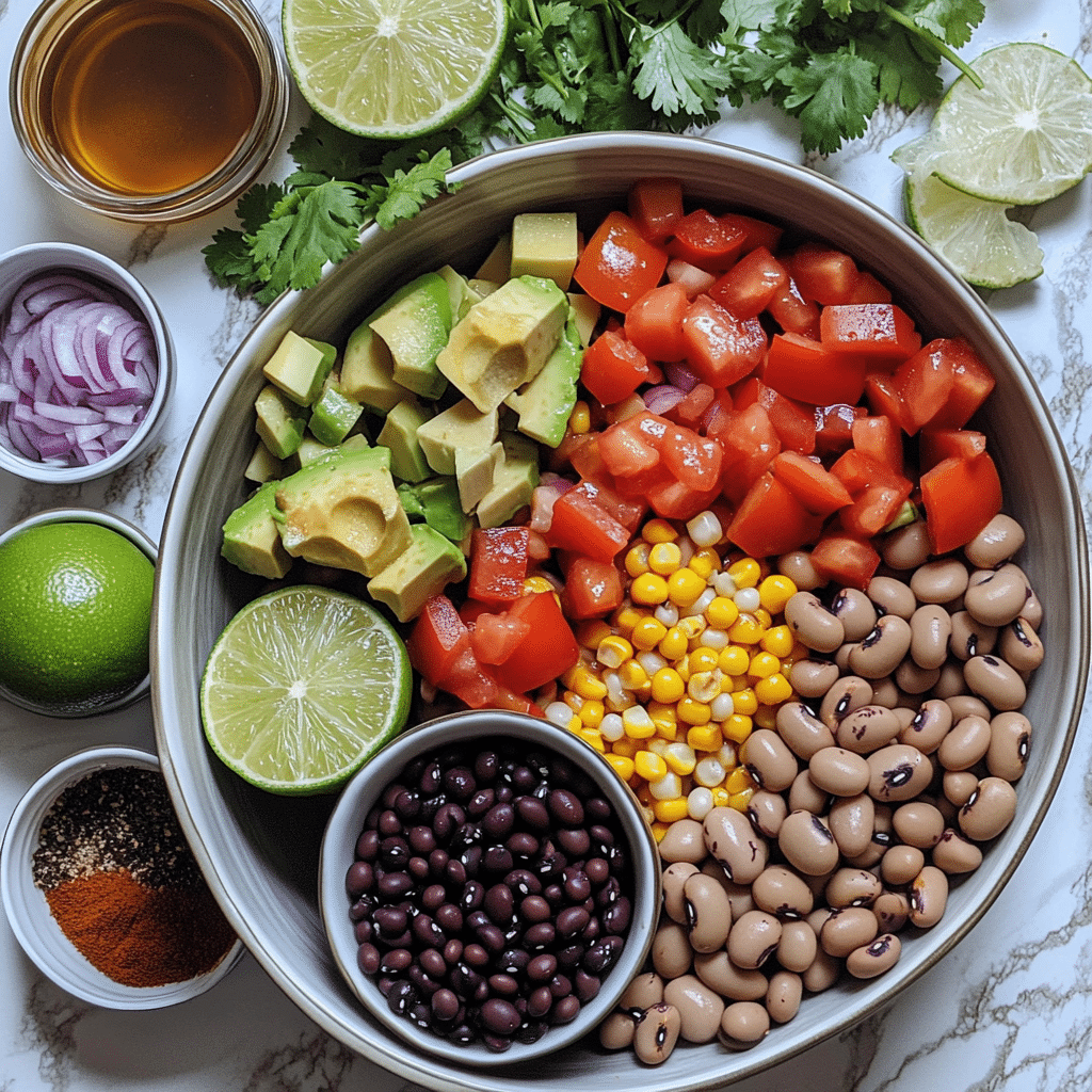 Overhead ingredients for cowboy caviar including beans, corn, diced vegetables, avocado, lime, and dressing ingredients