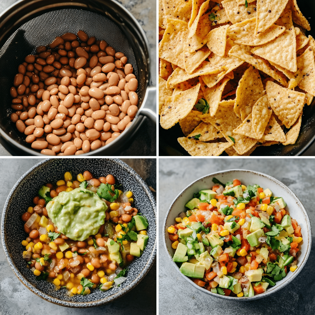 Four-panel collage showing draining beans, mixing dressing, tossing ingredients, and finished cowboy caviar with avocado and chips