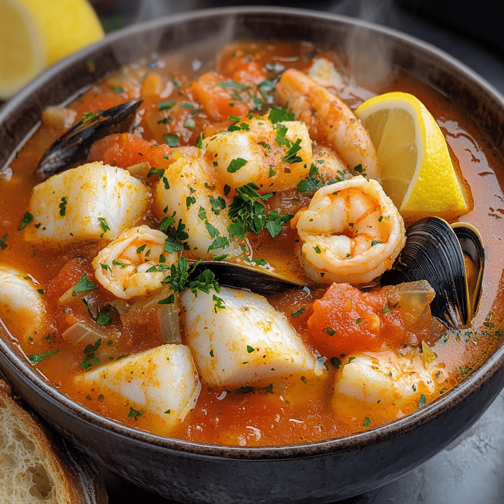 Bowl of cioppino seafood stew with clams mussels shrimp and tomato broth
