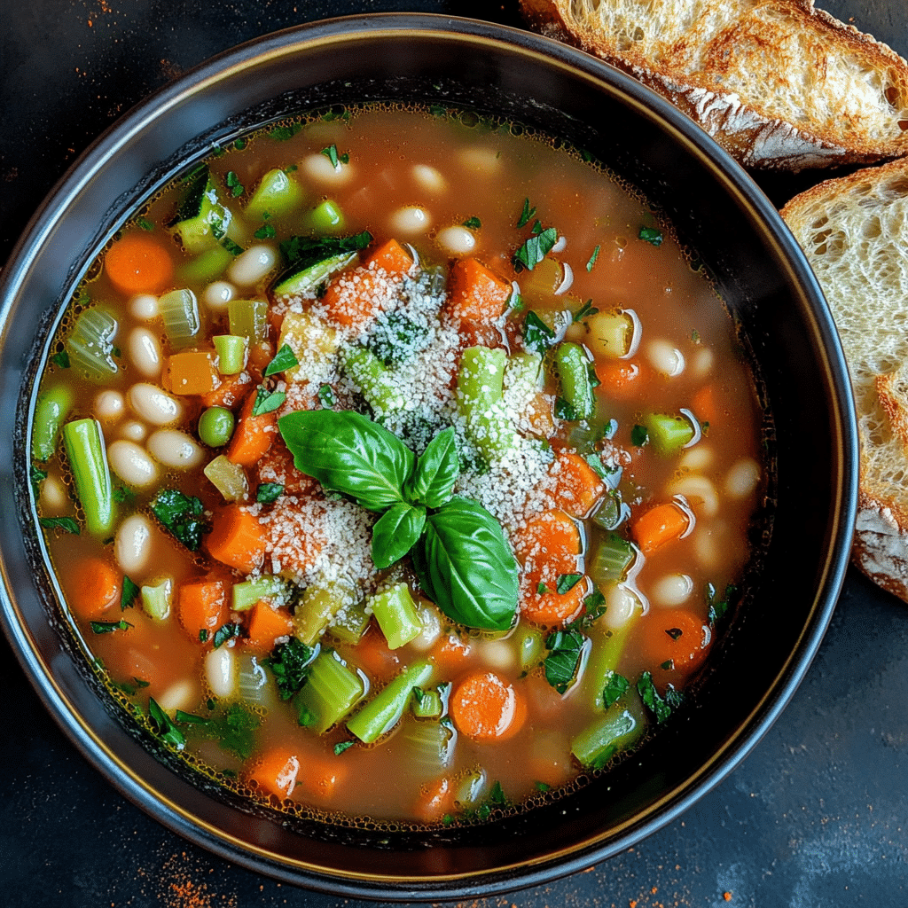 Bowl of vegetarian minestrone soup with beans pasta and vegetables in tomato broth