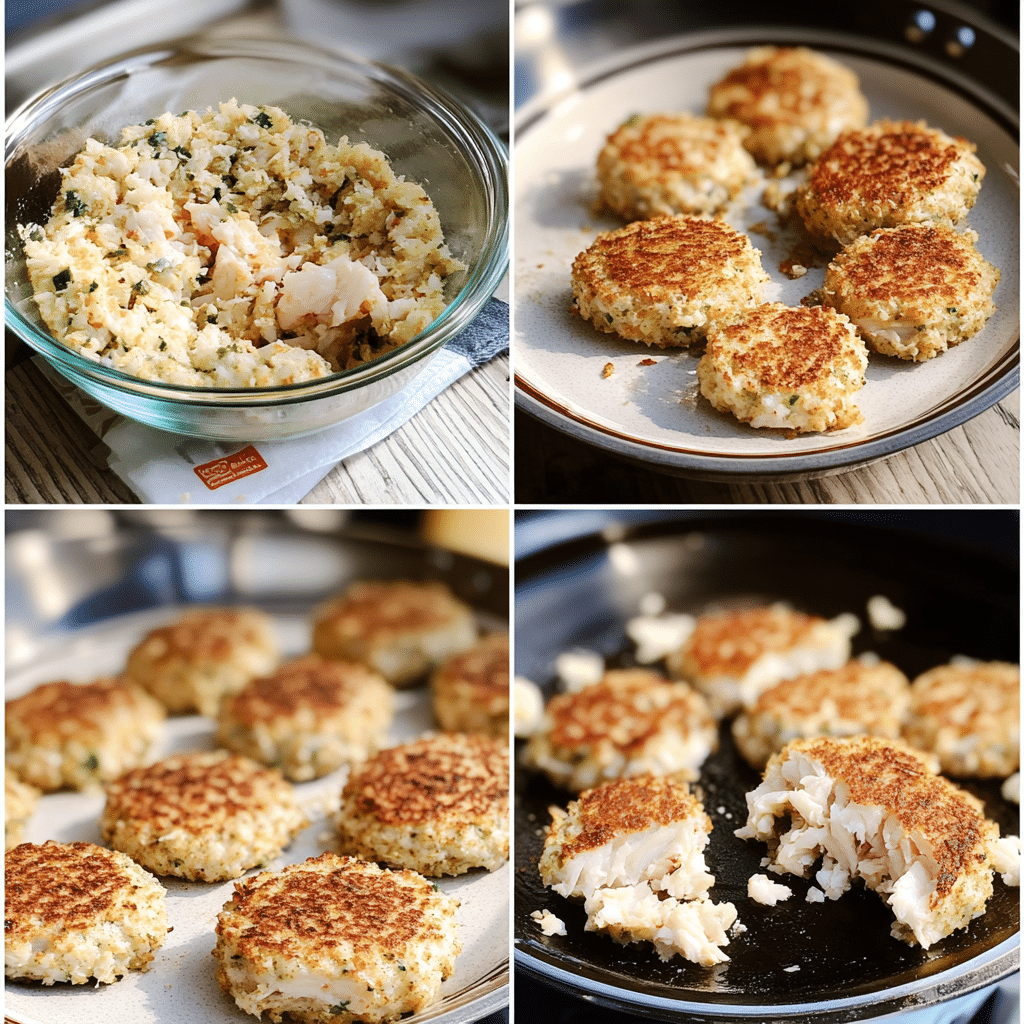 Four panel collage showing mixing crab cake ingredients, shaping patties, and searing in a skillet