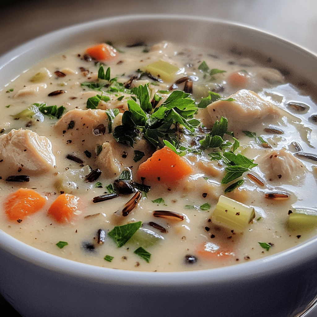 Close-up of creamy chicken and wild rice soup with wild rice, chicken pieces, carrots, celery, and parsley on top