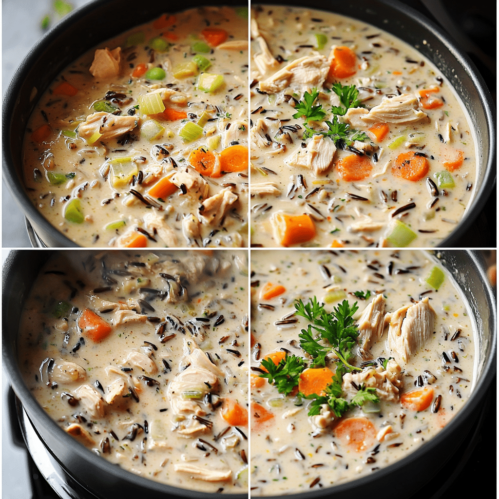 Four-panel collage showing sautéing vegetables, thickening with flour, simmering wild rice, and finishing with chicken pieces and half-and-half