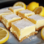 Lemon cream cheese bars sliced into squares with a buttery crust