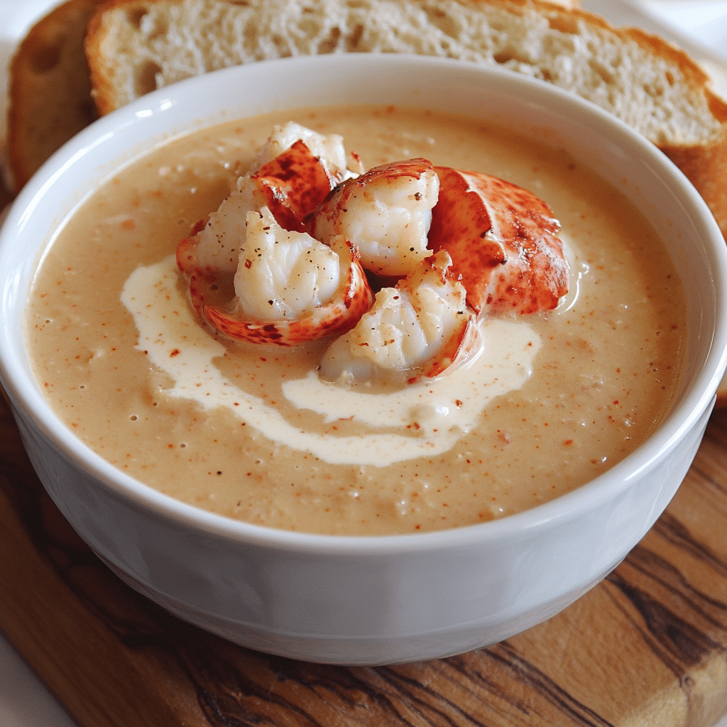 Bowl of lobster bisque with cream swirl and lobster pieces on top