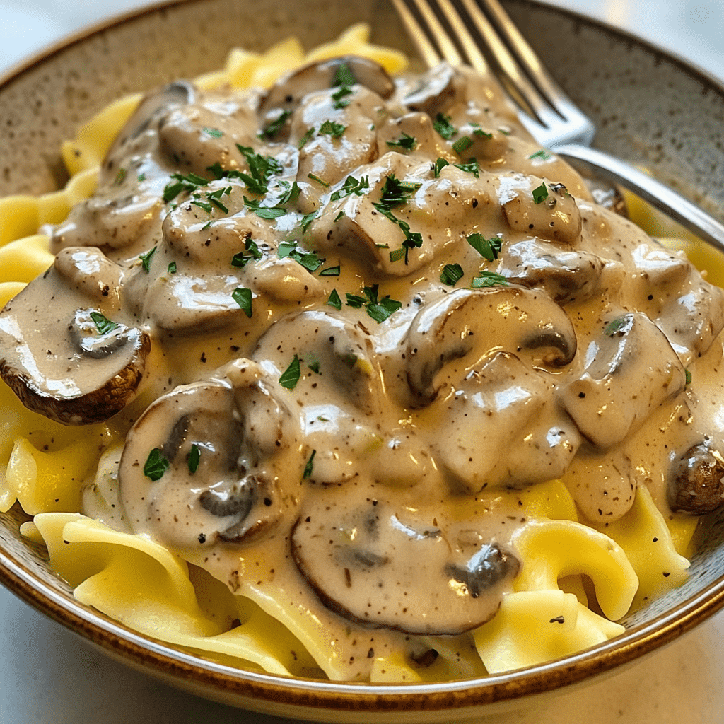 Close-up of creamy mushroom stroganoff over noodles with parsley garnish