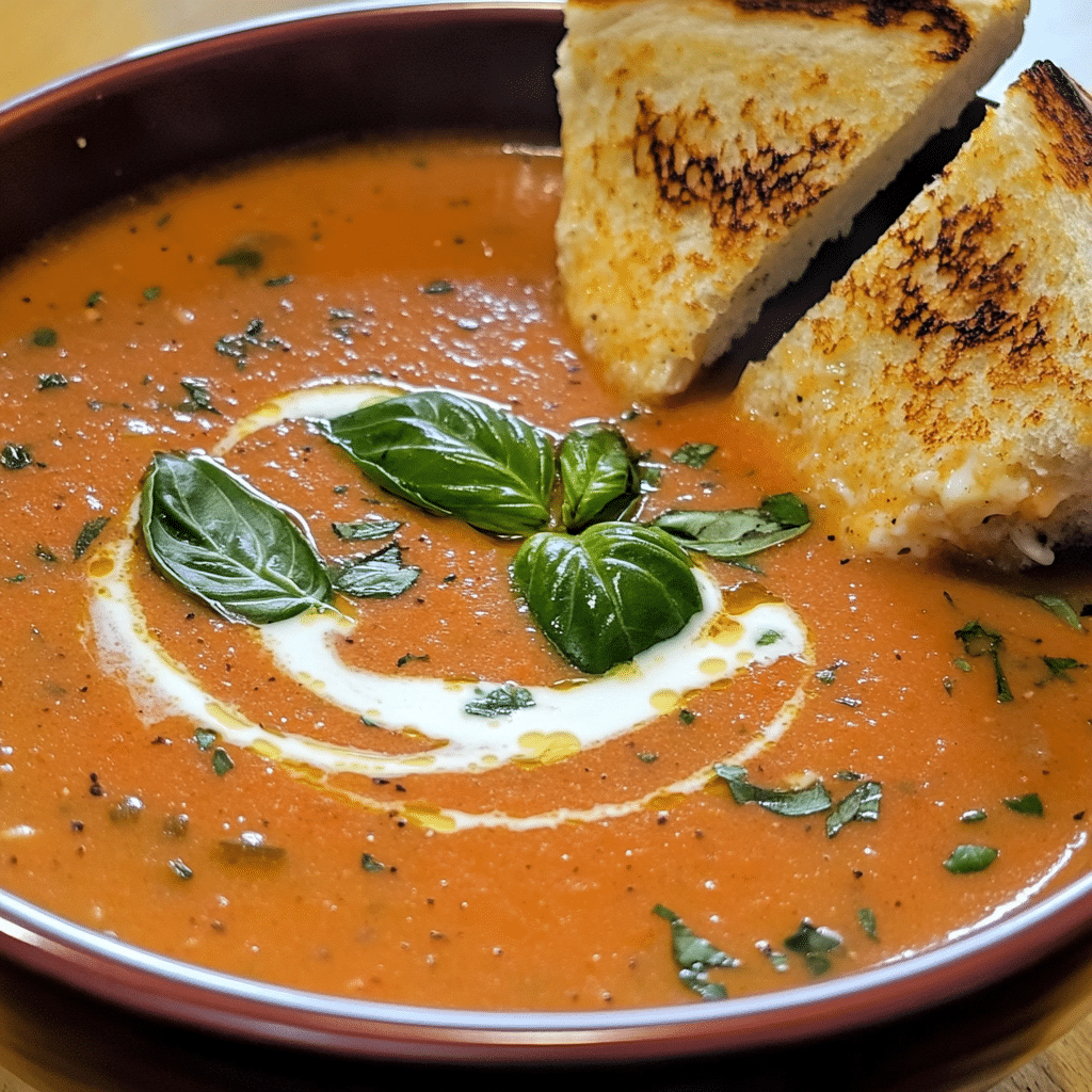 Bowl of creamy tomato basil soup with basil and cream swirl