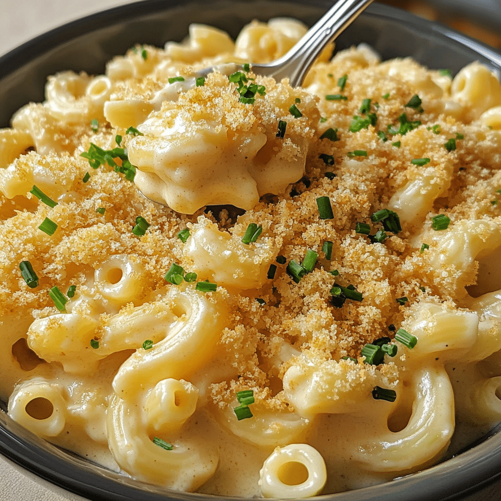 Vegan mac and cheese in a bowl with creamy sauce and chives