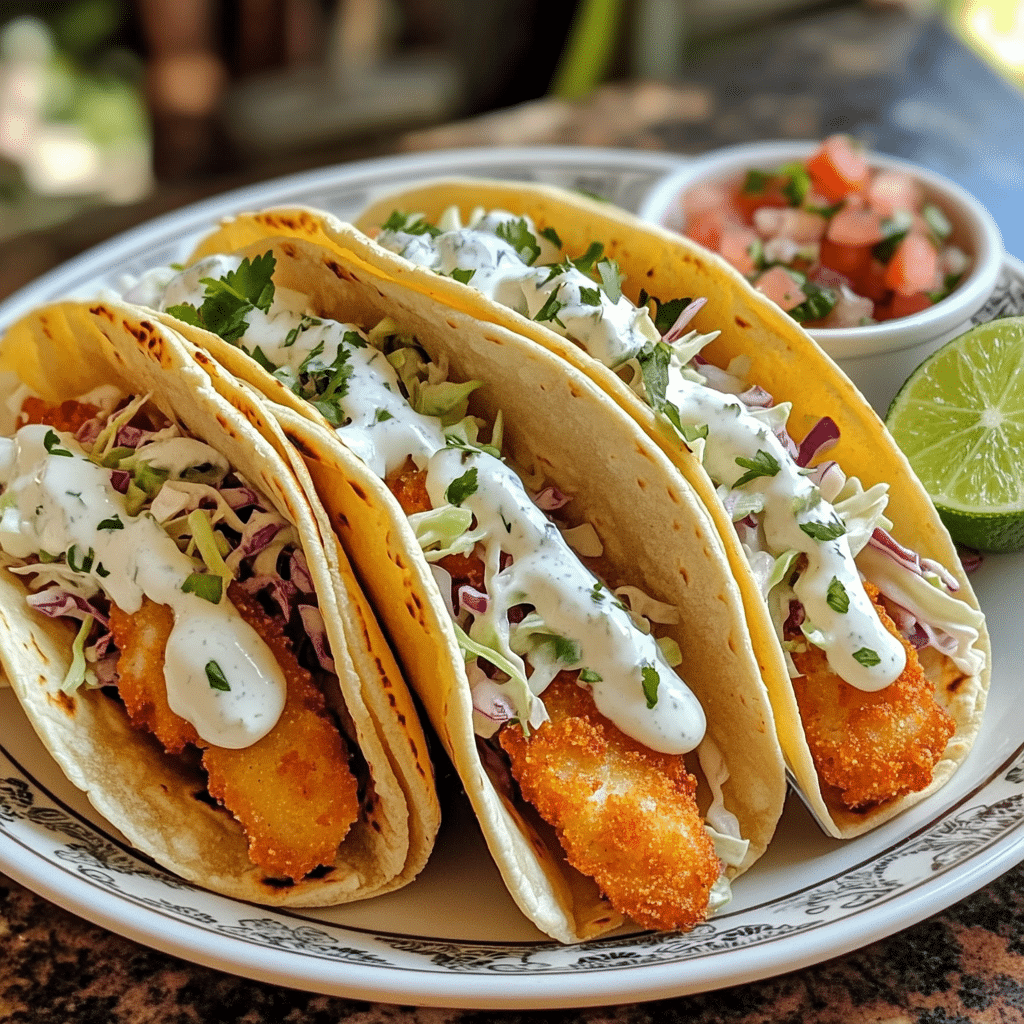 Baja fish tacos with crispy fish, cabbage slaw, and creamy sauce on corn tortillas