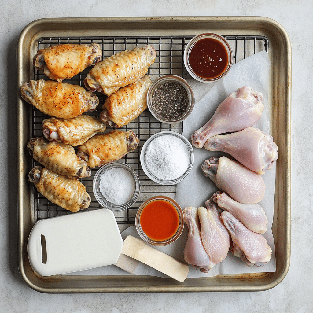 Overhead ingredients for crispy baked chicken wings including chicken wings, baking powder, seasonings, and a wire rack on a baking sheet