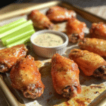 Close-up of crispy baked chicken wings with golden browned skin and dipping sauces nearby