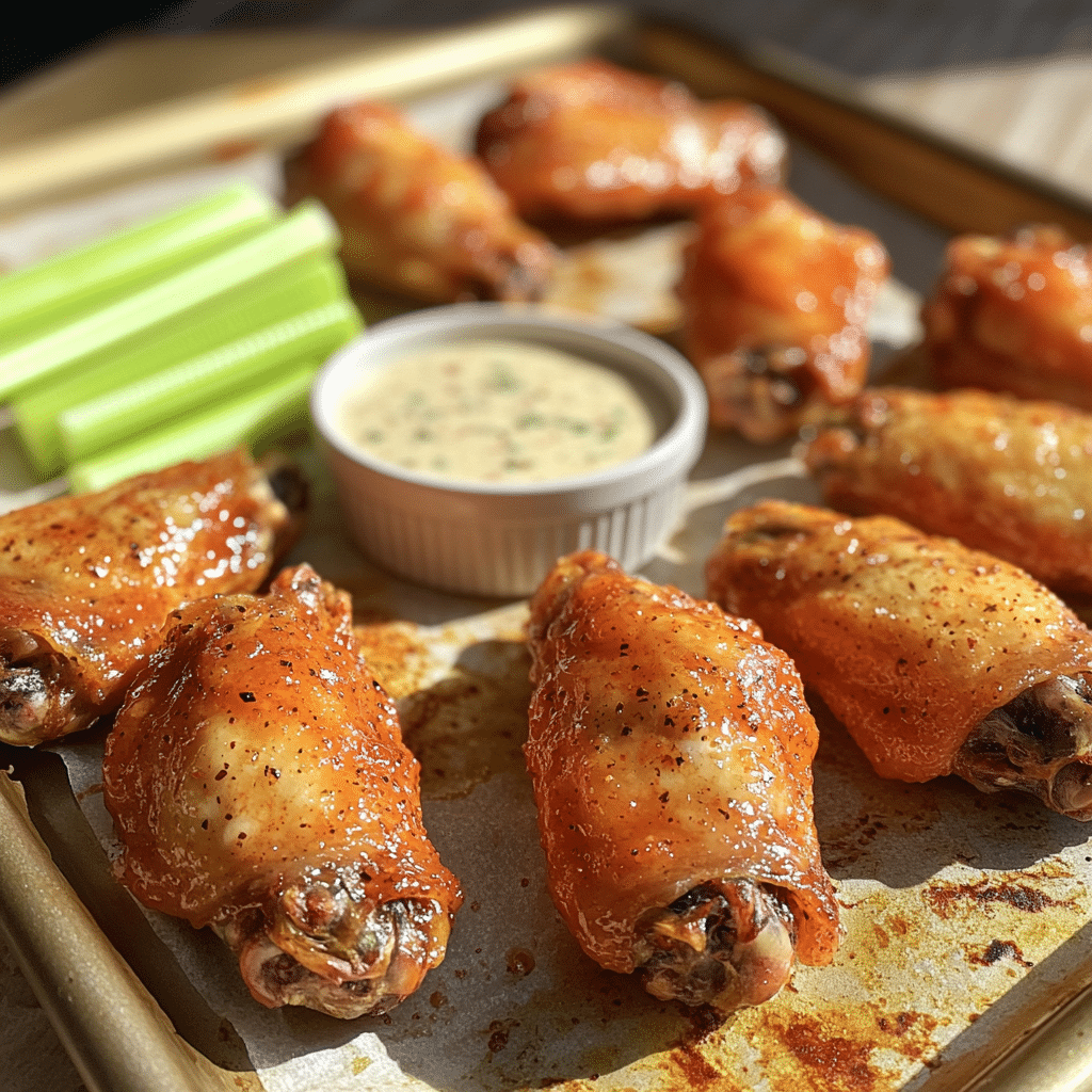 Close-up of crispy baked chicken wings with golden browned skin and dipping sauces nearby